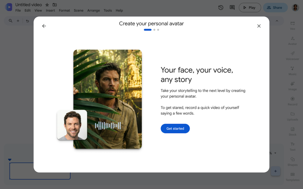 Ventana emergente en Google Vids con el título 'Create your personal avatar' y un botón azul para comenzar a grabar un video avatar personalizado.