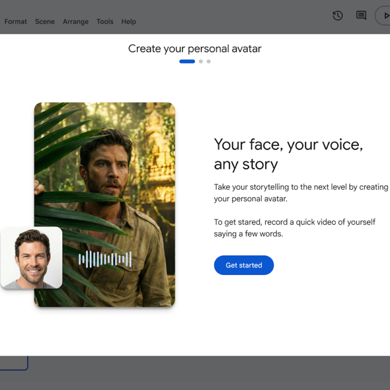 Ventana emergente en Google Vids con el título 'Create your personal avatar' y un botón azul para comenzar a grabar un video avatar personalizado.