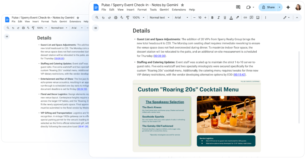 Ejemplo de minutas en Google Docs creadas con «Tomar notas por mí» de Google Meet, mostrando puntos clave de la reunión e imágenes de diapositivas capturadas automáticamente por Gemini.