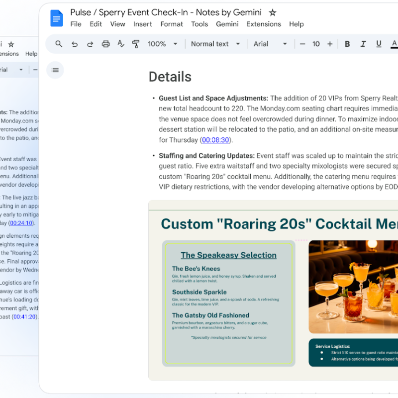 Ejemplo de minutas en Google Docs creadas con «Tomar notas por mí» de Google Meet, mostrando puntos clave de la reunión e imágenes de diapositivas capturadas automáticamente por Gemini.