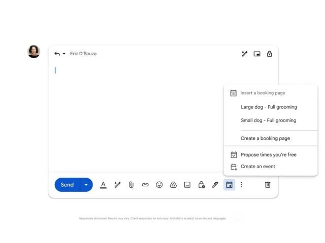Interfaz de Gmail, mostrando un cuerpo de correo en el que se inserta una tarjeta que redirige a una pagina de reservas de Google Calendar.