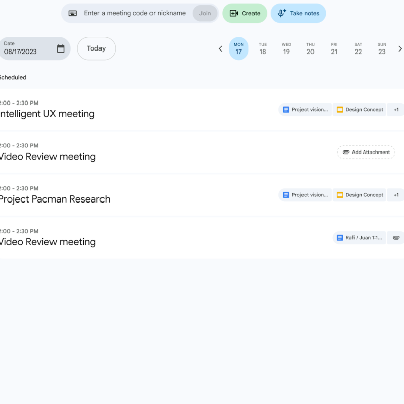 Interfaz de Google Meet en la web que muestra una lista de reuniones programadas y el botón superior «Take notes» (Tomar notas) resaltado para activar la toma de minutas automatizada con IA durante reuniones presenciales.