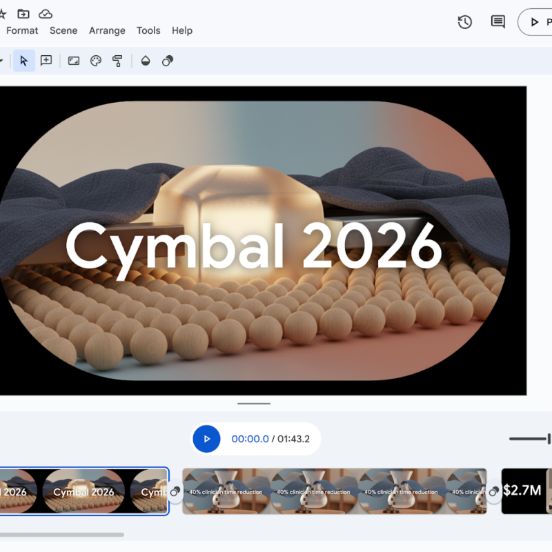 Interfaz de edición de Google Vids en la web mostrando un proyecto en video titulado «Cymbal EOY Recap», con la portada «Cymbal 2026», una línea de tiempo de escenas y el menú lateral de recursos para la creación de resúmenes audiovisuales.