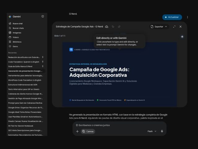Captura de pantalla de la interfaz de Gemini Canvas mostrando la edición de una presentación interactiva sobre estrategia de campaña de Google Ads.