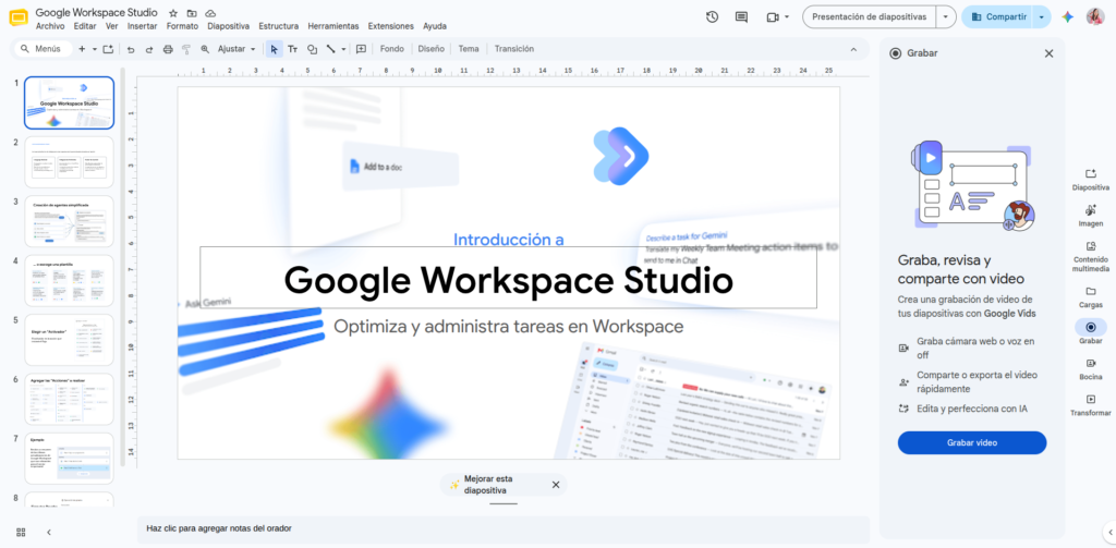 Interfaz de Google Slides mostrando la integración del panel lateral de Google Vids para grabar una presentación con vídeo o voz.