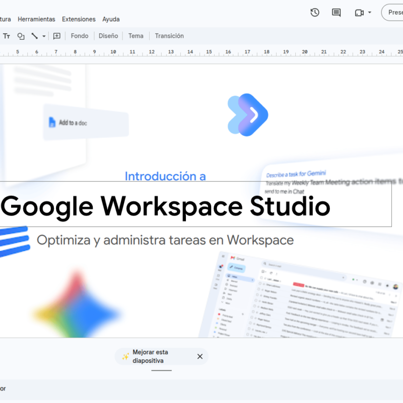 Interfaz de Google Slides mostrando la integración del panel lateral de Google Vids para grabar una presentación con vídeo o voz.