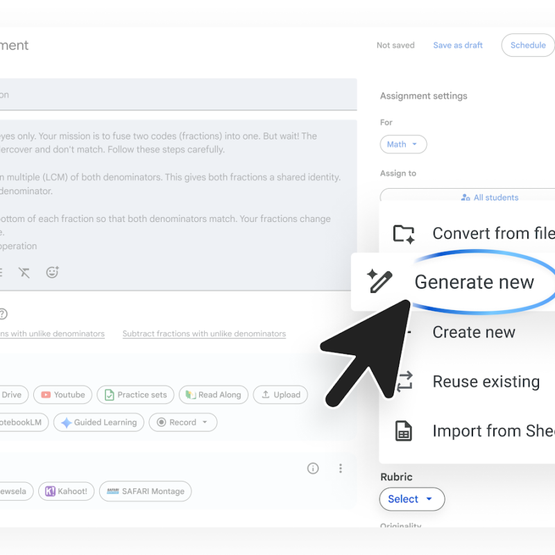 Creación de tarea en Google Classroom con el menú desplegable de rúbricas abierto, mostrando un cursor sobre la función "Generate new" resaltada con un ícono de varita o lápiz.