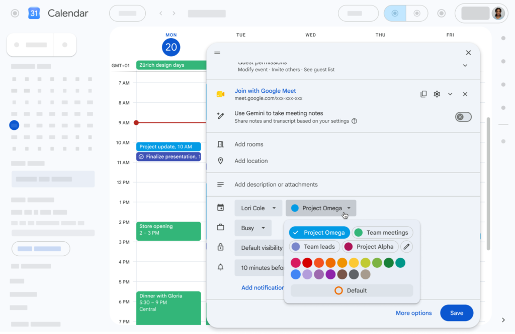 Interfaz de Google Calendar mostrando la personalización de color de un evento.