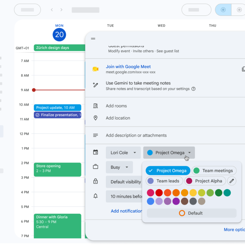 Interfaz de Google Calendar mostrando la personalización de color de un evento.