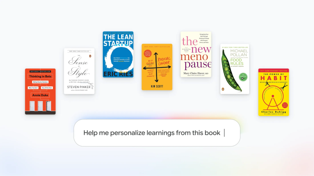 Interfaz de Gemini Notebook mostrando portadas de libros de Google Play Books y una barra de interacción para personalizar el aprendizaje con Inteligencia Artificial.