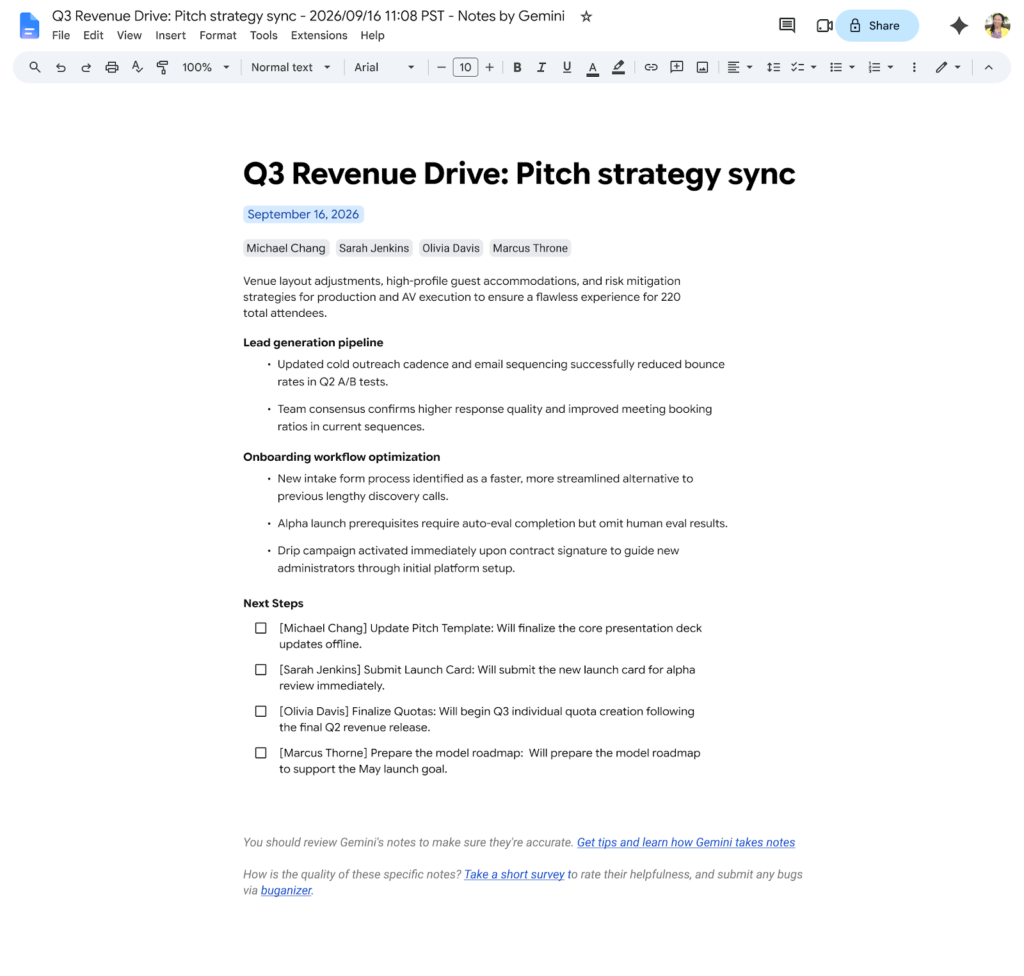 Documento de Google que muestra las notas rápidas creadas por Gemini que resumen los puntos más importantes de una reunión sobre la estretagia de ventas del tercer cuatrimestre llevada a cabo en Google Meet.