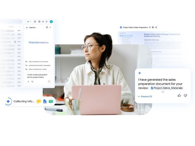 Interfaz de Gemini en segundo plano recopilando datos de aplicaciones de Google Workspace para crear un documento de trabajo automáticamente.